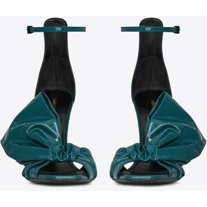 Saint Laurent Freja Bow Blue Patent Leather Shoe Heel Sandal Stiletto Size 6